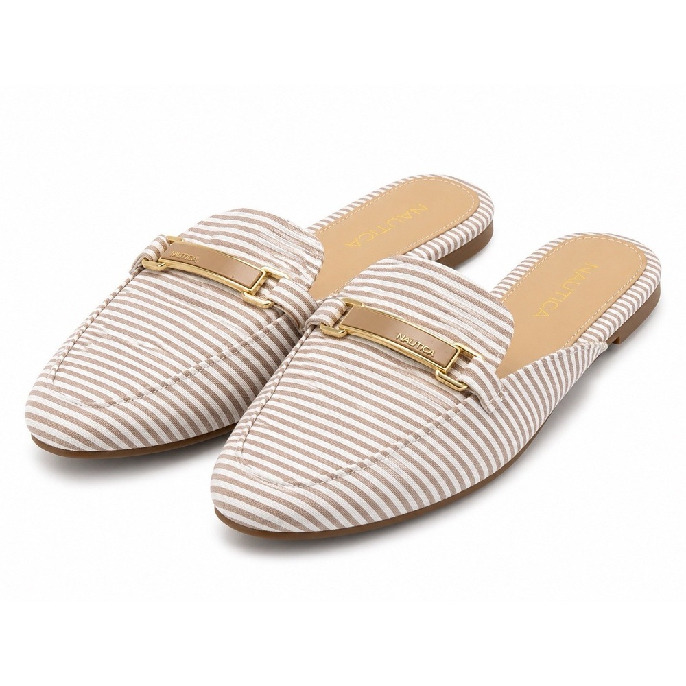 Nautica Women's Striped Slip-On Mule Flats Almond Toe Beige/White US 6.5
